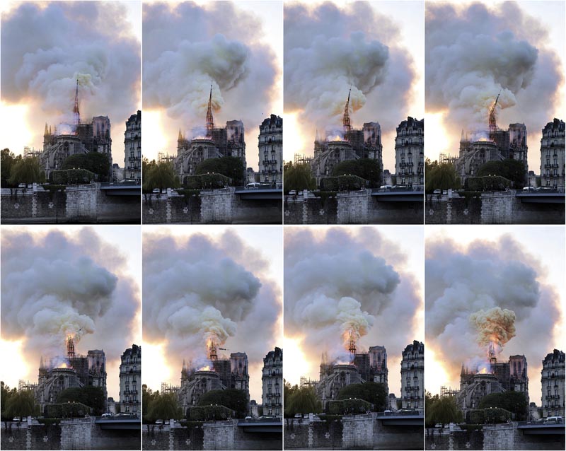 In this combination of photos, flames and smoke rise as the spire on the Notre Dame Cathedral collapses during a fire in Paris, Monday, April 15, 2019. Photo: AP