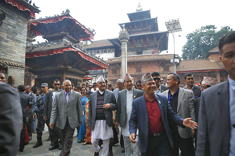 Prime Minister KP Sharma Oli, along with other officials, visits the reconstruction site of Hanumandhoka Durbar Square, in Kathmandu, on Thursday, April 25, 2019. Photo: Skanda Gautam/THT