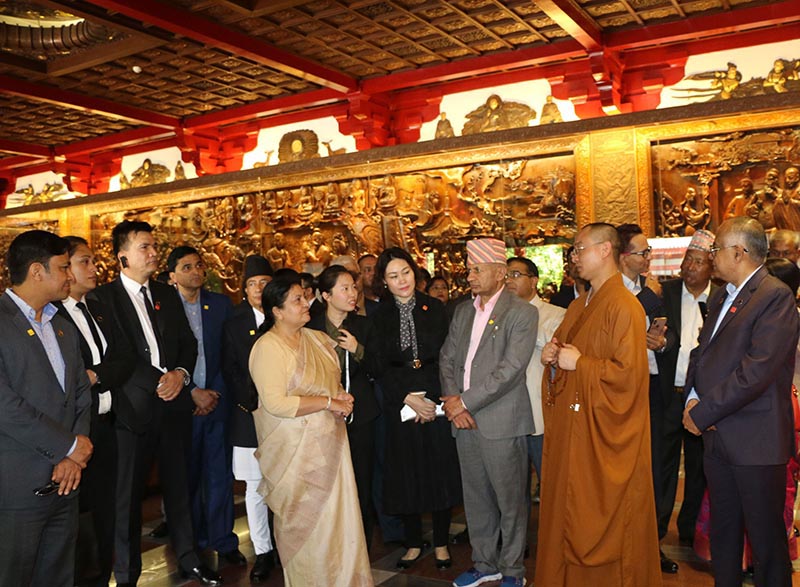 President Bidya Devi Bhandari, Foreign Minister Pradeep Kumar Gyawali among other members of Nepali delegation visit Daci'en Temple, in Xi'an, Shaanxi Province, on Thursday, April 25, 2019. Photo: RSS