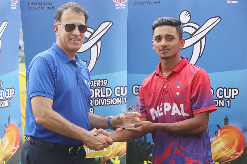 Nepalu2019s Rit Gautam receiving the man-of-the-match trophy after their ICC U-19 World Cup Asia Qualifier match against Kuwait in Kuala Lumpur on Thursday., April 18, 2019. Photo courtesy: Ramam Shiwakoti/THT