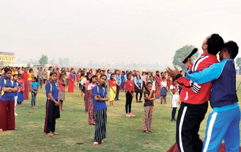 Women and girls attending a self-defence training organised by Dhangadi sub-metropolis in Phulbari, Kailali, on Monday, April 29, 2019. Photo: THT