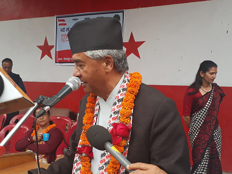 Nepali Congress President Sher Bahadur Deuba addressing the New Year's greetings exchange programme organised by Nepal Women's Association, Pokhara, on Friday, April 12, 2019. Photo: Rishi Ram Baral/ THT