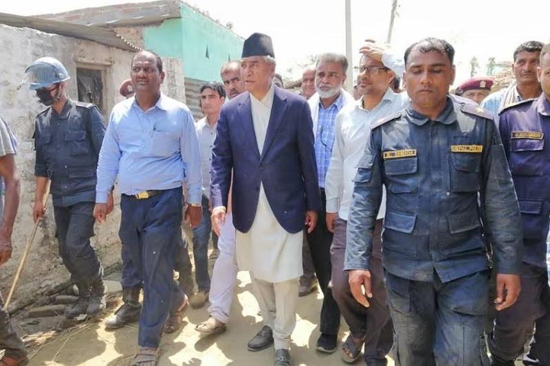Nepali Congress President Sher Bahadur Deuba also inspecting damage in Pheta Rural Municipality, Bara, on Tuesday, April 2, 2019. Photo: THT