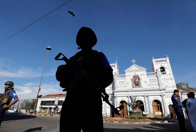 A security officer stands guard in front of St Anthony's shrine in Colombo, after bomb blasts ripped through churches and luxury hotels on Easter, in Sri Lanka April 22, 2019. REUTERS/Dinuka Liyanawatte