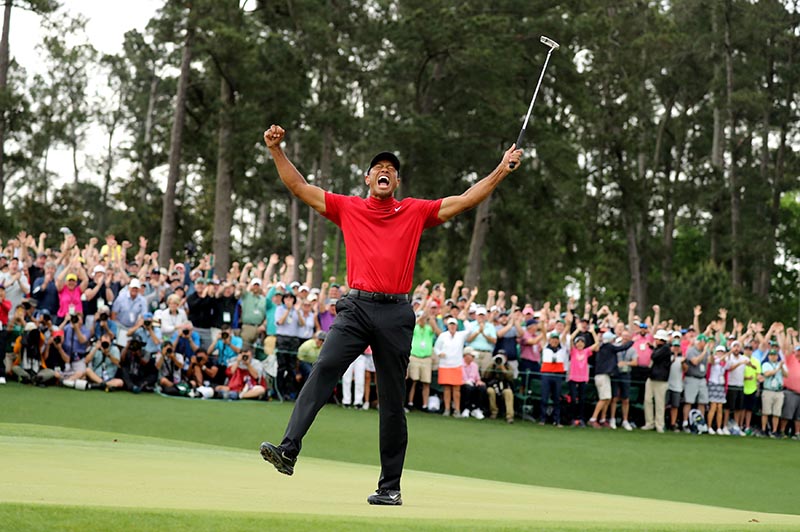 Tiger Woods of the US celebrates on the 18th hole after winning the 2019 Masters, at Augusta National Golf Club, in Augusta, Georgia, US, on April 14, 2019. Photo: Reuters