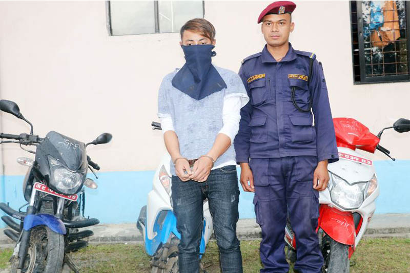 A suspect accused of stealing two-wheelers being made public at the District Police Office (DPO), in Pokhara, on Monday, April 01, 2019. Photo: Rishi Ram Baral/THT
