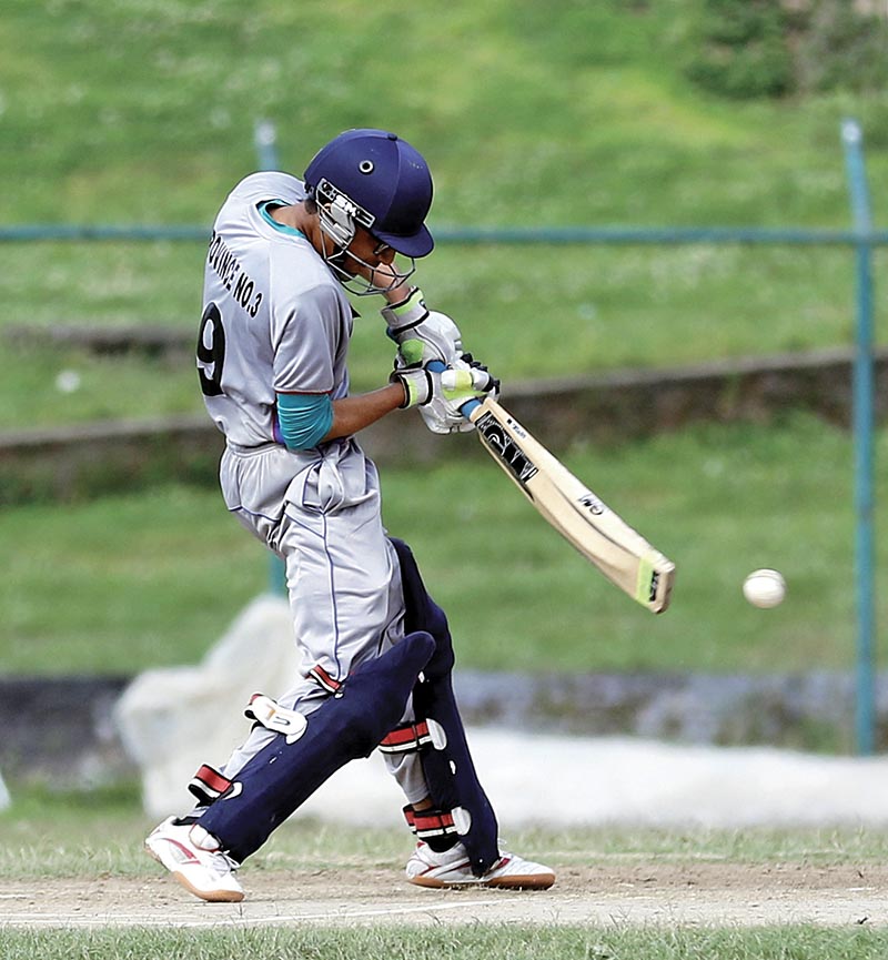 Aaish Bhattarai of Province-3 plays a shot against Province-2 during the semi-final match of the U-16 National Cricket Tournament at the TU Stadium in Kathmandu on Sunday. Photo: THT