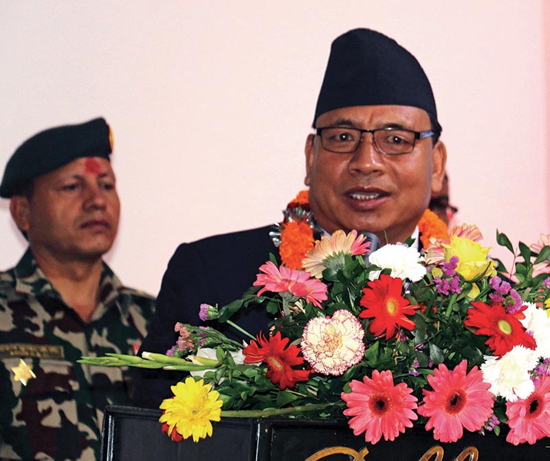 Vice-president Nanda Bahadur Pun speaking at the 13th National Convention of Nepal Chemists and Druggists Association, in Pokhara, on Friday, April 19, 2019. Photo: RSS
