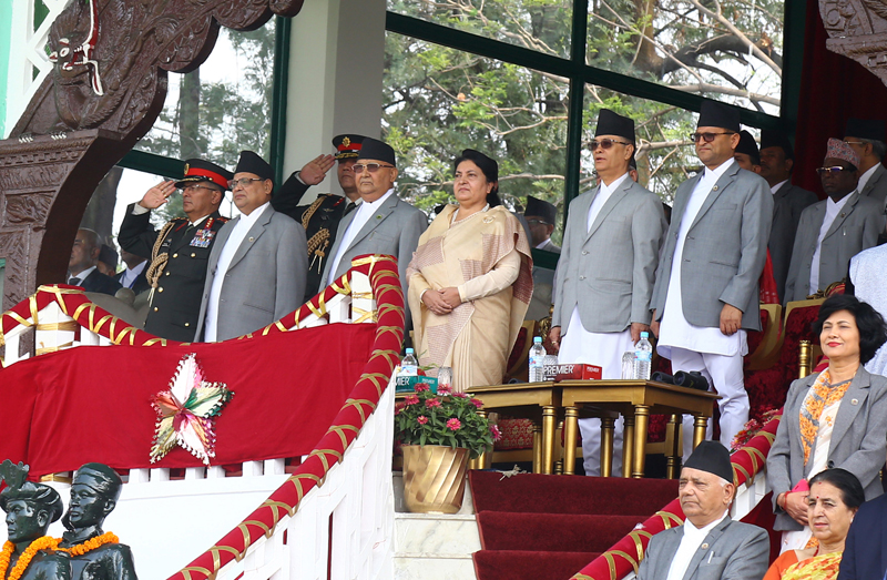 President Bidya Devi Bhandari, Prime Minister KP Sharma Oli along with other ministers and high level officials attending 12th Republic Day programme at the Nepal Army Pavilion, in Tundikhel, Kathmandu, on May 29, 2019. Photo: RSS