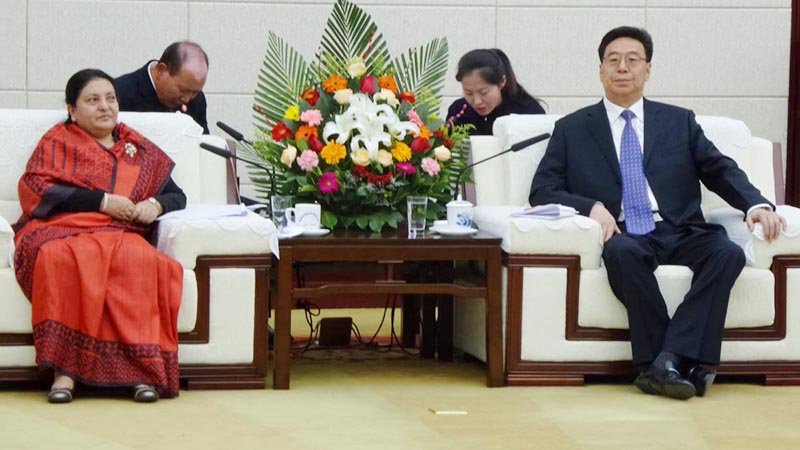 Secretary General of Chinese Communist Party in Tibet Autonomous Region Wu Yingjie (right) calls on Nepal's President Bidya Devi Bhandari, in Lhasa, on Tuesday, April 30, 2019. President Bhandari is on a nine-day state visit to China at the invitation of Chinese President Xi Jinping. Photo courtesy: MoFA Nepal Twitter