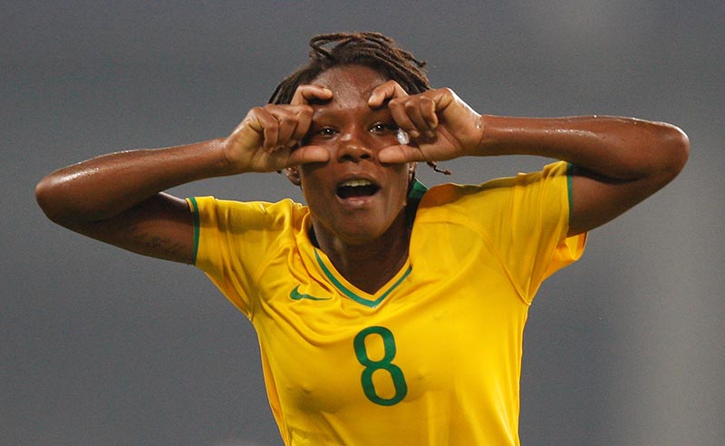 Brazil's Formiga celebrates her goal against Germany during their women's semi-final soccer match in Shanghai Stadium at the Beijing 2008 Olympic Games August 18, 2008. Photo: Reuters/ File