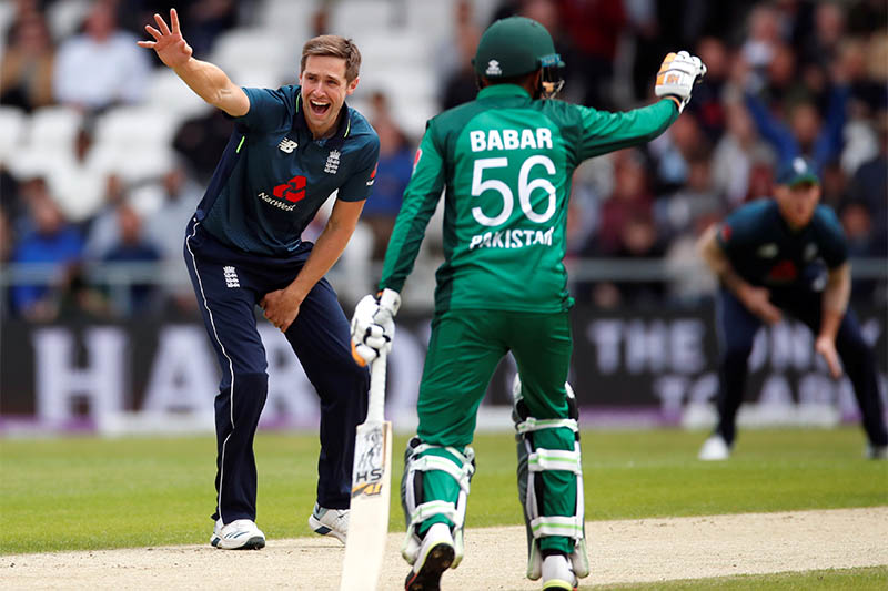 England's Chris Woakes successfully appeals for LBW to the umpire against Pakistan's Abid Ali. Photo: Reuters