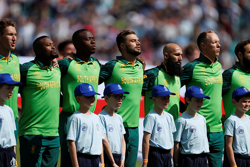 South Africa players line up before the match, ICC Cricket World Cup - England v South Africa - Kia Oval, in London, Britain, on Thursday, May 30, 2019. Photo: Action Images via Reuters