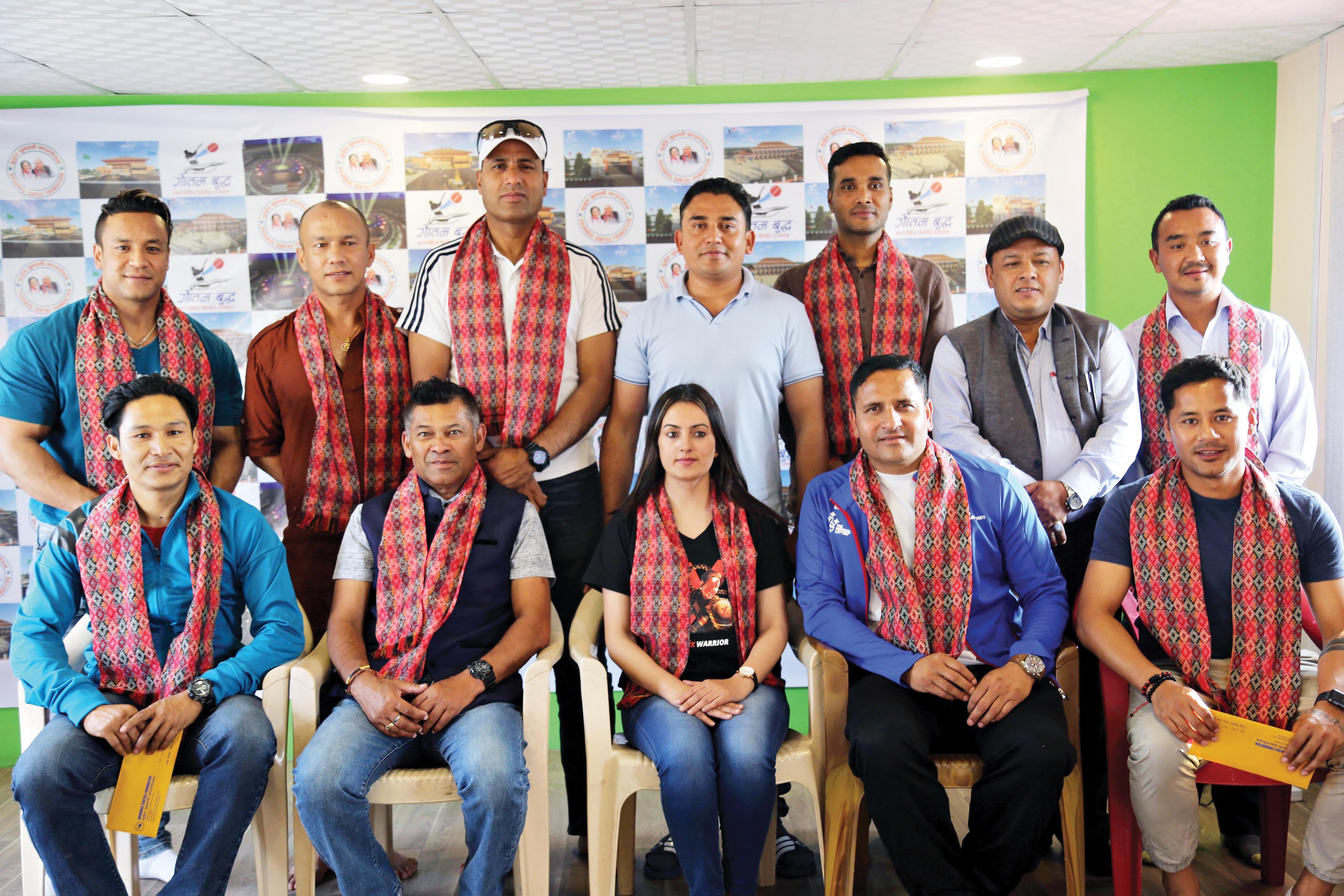 Representatives from sports fraternity and players with Dhurmus Suntali Foundation President Sitaram Kattel in Kathmandu on Thursday. Photo: THT