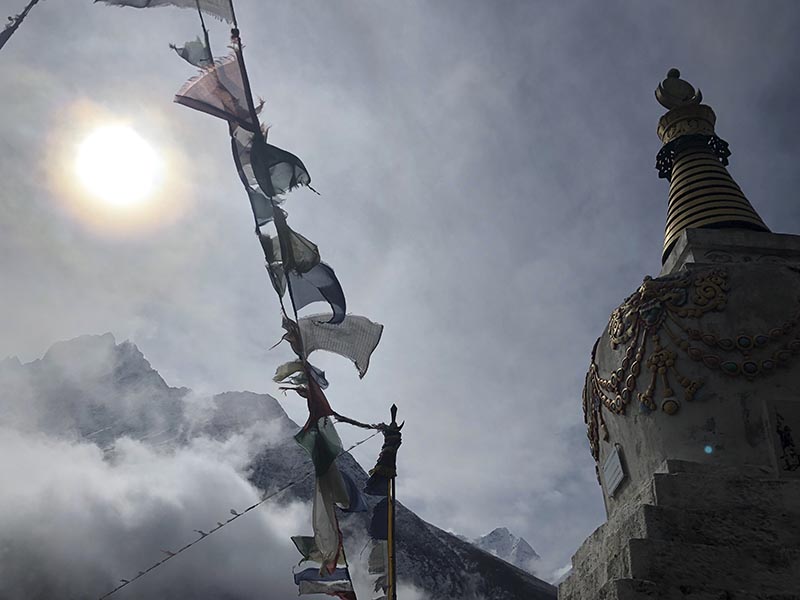 This photo depicts one of the many prayer flags and Buddhist monuments that exist along the Everest Base Camp Trek in Nepal's Sagarmatha National Park, as taken on  April 9th, 2019. Photo: Molly Sprayregen via AP