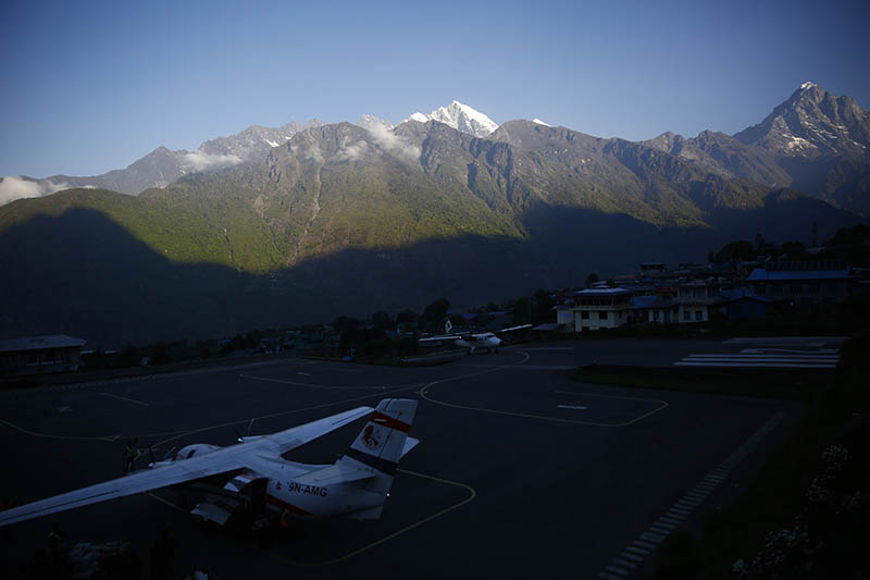 Aircraft prepare to take off at the Tenzing-Hillary Airport, also known as Lukla Airport, rated as the most dangerous airport in the world, at Lukla, the only gateway to Mount Everest, on Monday, May 27, 2019. Photo: Skanda Gautam/THT