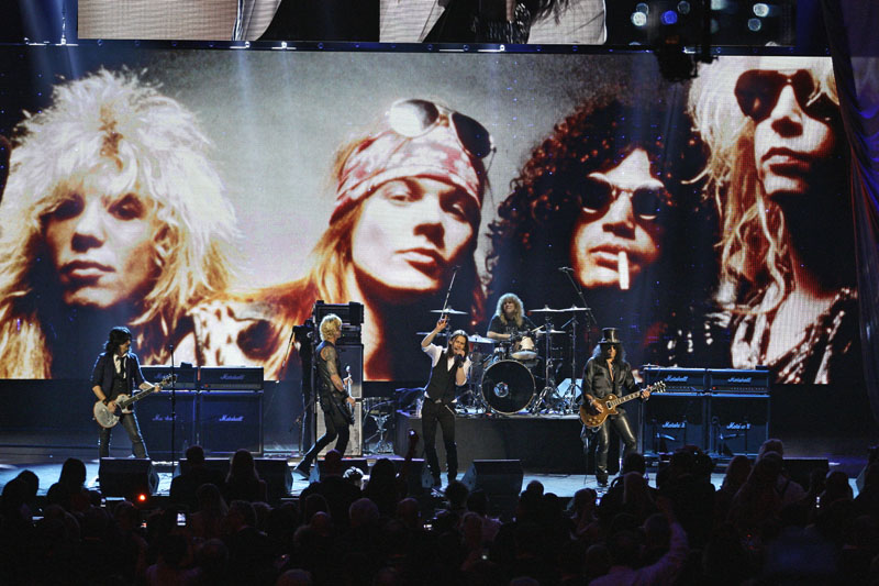 Guns N' Roses performs with singer Myles Kennedy after their induction into the Rock and Roll Hall of Fame in Cleveland on April 15, 2012. Photo: AP/File