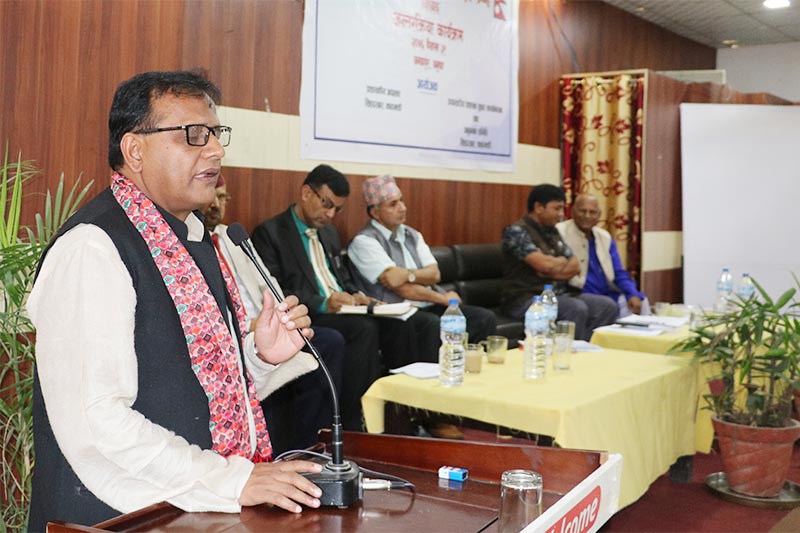 Province 2 Chief Minister Lalbabu Raut speaking at an interaction in Janakpur, on Tuesday, May 14, 2019. Photo: THT