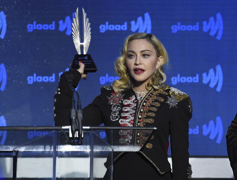 Honoree Madonna accepts the advocate for change award at the 30th annual GLAAD Media Awards at the New York Hilton Midtown on Saturday, May 4, 2019, in New York. Photo: AP
