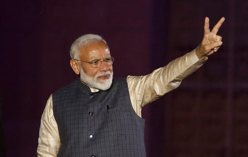 Indian Prime Minister Narendra Modi gestures towards his supporters after the election results at Bharatiya Janata Party (BJP) headquarter in New Delhi, India, May 23, 2019. Photo: Reuters