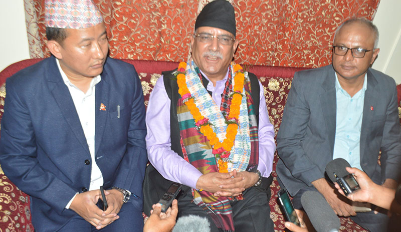 Nepal Communist Party (NCP) Co-chairman Pushpa Kamal Dahal talking to mediapersons at Biratnagar airport, in Morang, on Monday. Photo: THT