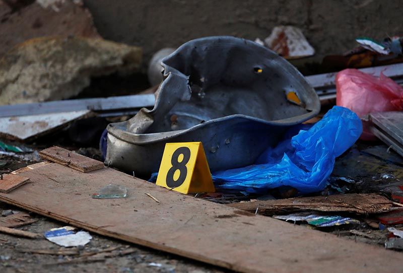 Police numbering is seen on an explosion site in Kathmandu, Nepal May 26, 2019. Photo: Reuters