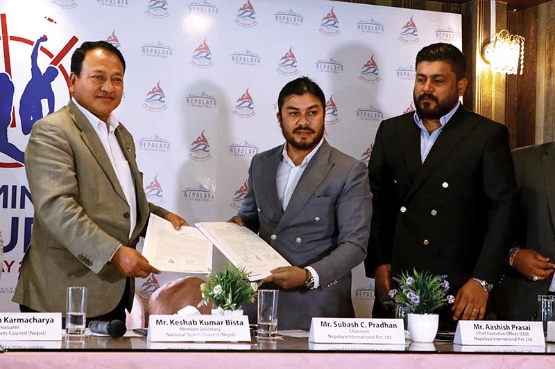NSC Member Secretary Keshab Kumar Bista (left) and Chairman of Nepalaya International Subash Pradhan exchanging the MoU in Kathmandu on Sunday. Photo: THT