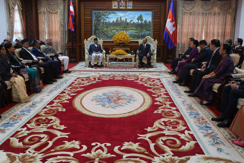 Prime Minister KP Sharma Oli in a meeting with the President of National Assembly of Cambodia Heng Samrin, at Cambodia's parliament building, on Tuesday, May 14, 2019. Photo: RSS