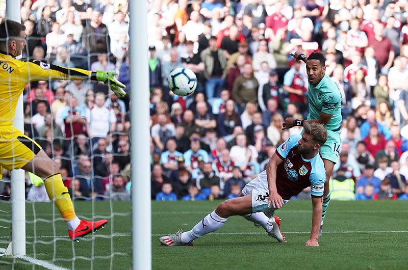 Arsenal's Pierre-Emerick Aubameyang scores their second goal during the Premier League match between Burnley and Arsenal, at Turf Moor, in Burnley, Britain, on May 12, 2019. Photo: Reuters