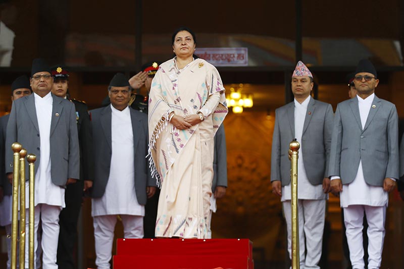 President Bidya Devi Bhandari receiving guard of honour before presenting government's policies and programmes at Federal Parliament in Kathmandu on Friday, May 3, 2019. Photo: Skanda Gautam/THT