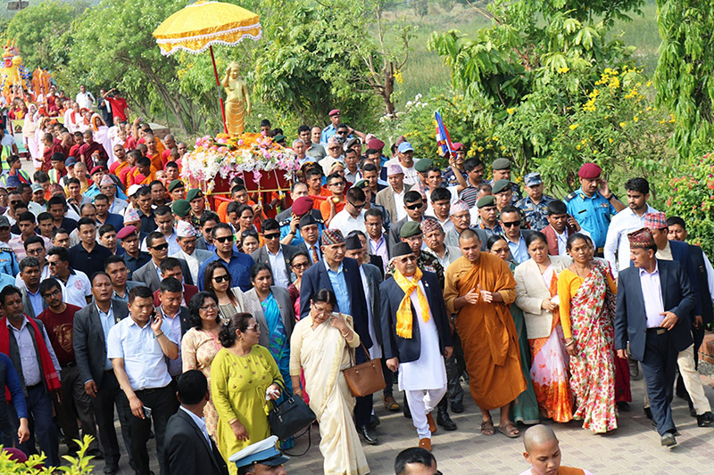 Prime Minister KP Sharma Oli at the peace rally being organised on the occasion of 2,563rd Buddha Jayanti and the beginning of Visit Lumbini Year 2076 BS, organised by the government of Province 5, in Lumbini, on Saturday, May 18, 2019. Photo: RSS