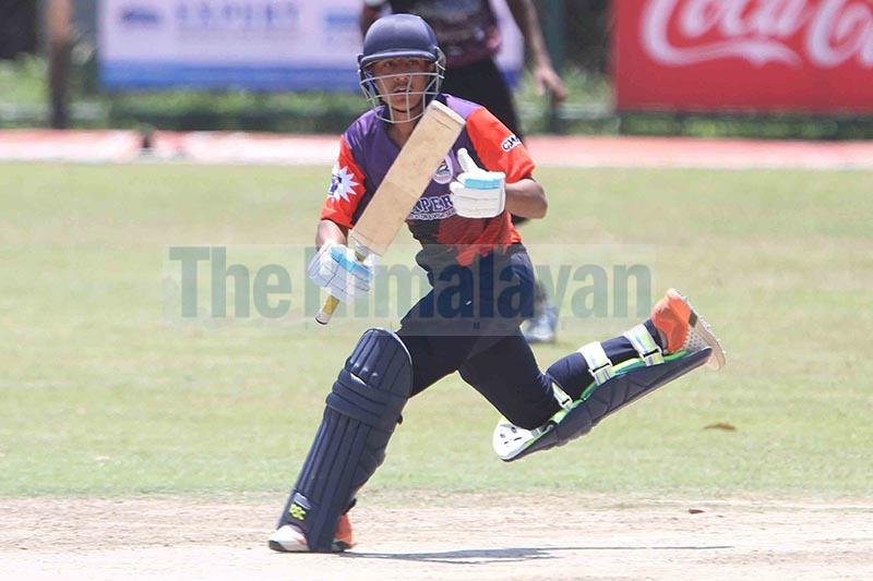 Sumit Maharjan of Nepal APF Club runs between wickets against Province No.3 during their Expert Prime Minister Cup One Day Cricket Tournament at TU Cricket Stadium in Kathmandu on Saturday. Photo: Udipt Singh Chhetry/ THT