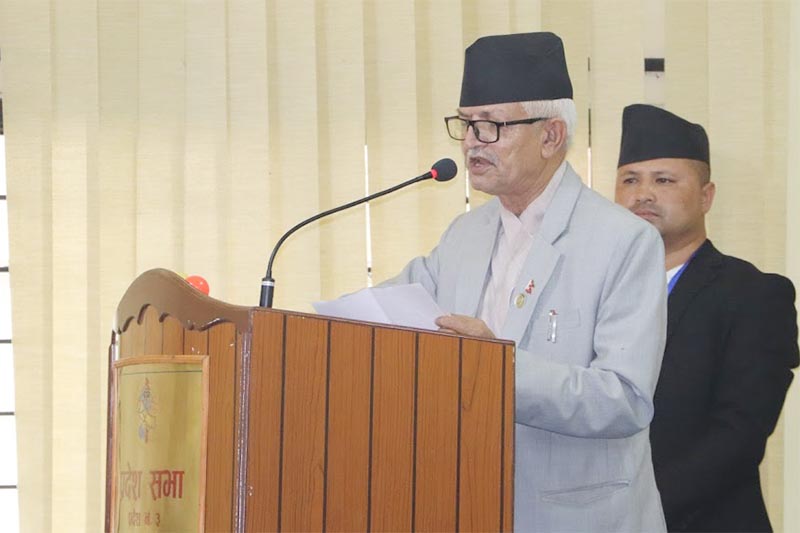 Province 3 Chief Minister Dormani Poudel addressing the Provincial Assembly, in Hetauda, on Wednesday, May 15, 2019. Photo: THT