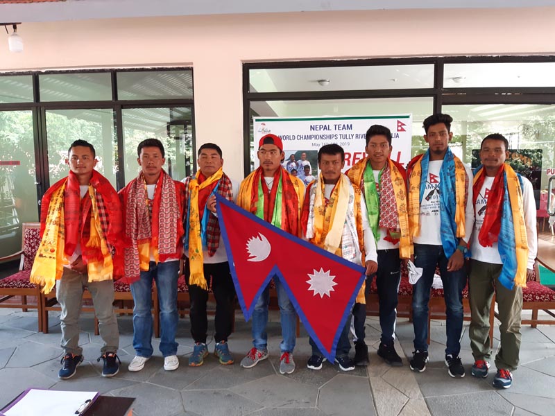 The Nepali team pose for a photograph at a programme organised to bid them farewell before they leave for the World Rafting Championship to take place in Australia, on Saturday, May 4, 2019. Photo: Rup Narayan Dhakal/THT
