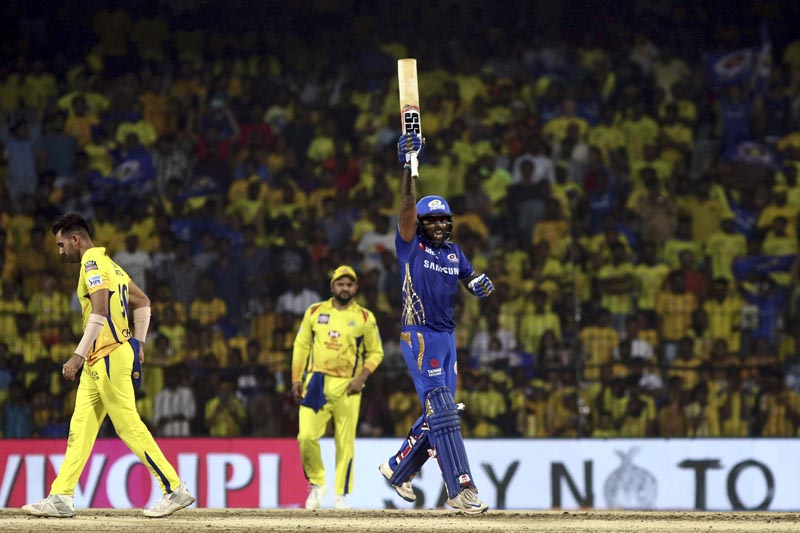 Surya Kumar Yadav of Mumbai Indians celebrates as they defeat Chennai Super Kings to enter the final of the VIVO IPL T20 in Chennai, India, Tuesday, May 7, 2019. Photo: AP