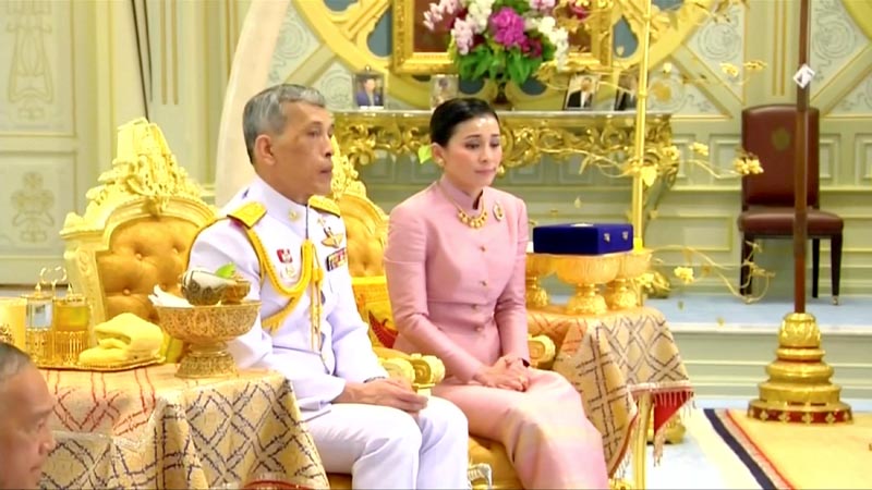 King Maha Vajiralongkorn and his consort, General Suthida Vajiralongkorn named Queen Suthida attend their wedding ceremony in Bangkok, Thailand May 1, 2019, in this screen grab taken from a video. Photo: Thai TV Pool via Reuters