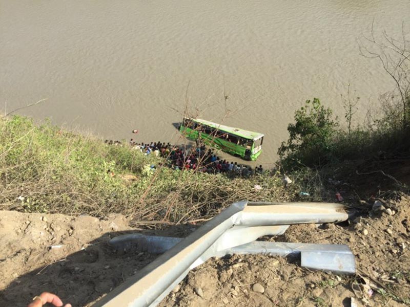 A view of the passenger bus that plunged into the Trishuli River near Banchhetar, in Gajuri Rural Municipality of Dhading district, on Sunday, May 19, 2019. Photo: Keshav Adhikari/ THT