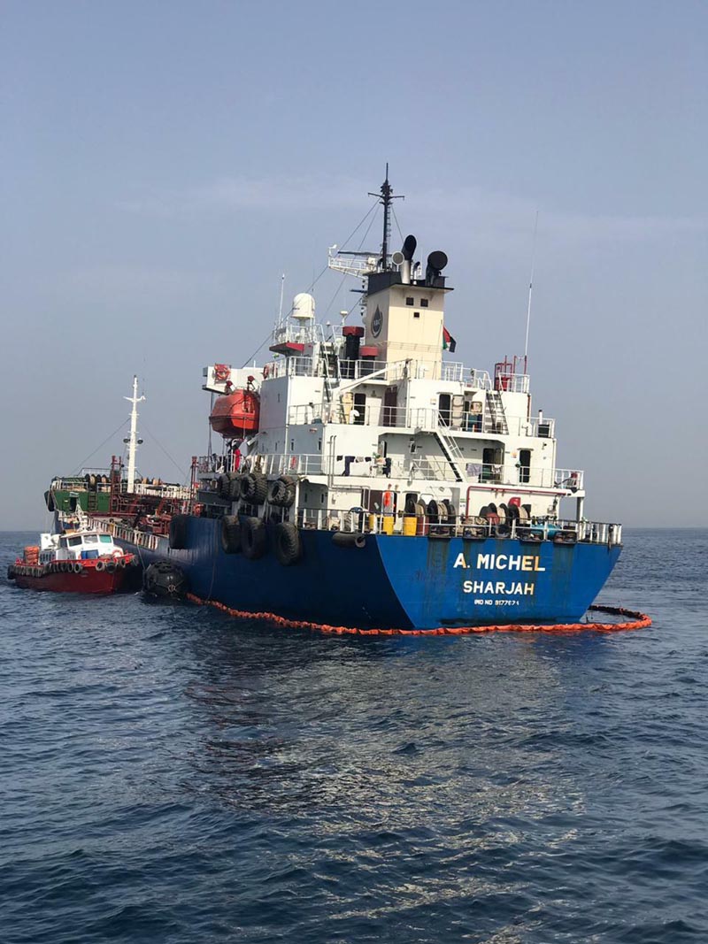 This photo provided by the United Arab Emirates' National Media Council shows the Emirati-flagged bunkering tanker A Michel off the coast of Fujairah, United Arab Emirates, Monday, May 13, 2019. Photo: United Arab Emirates National Media Council via AP