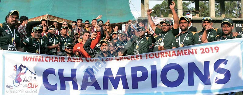 Pakistan players celebrate after winning the Wheelchair Asia Cup T20 cricket tournament at the Tribhuvan University Stadium in Kathmandu on Saturday. Photo: Udipt Singh Chhetry / THT