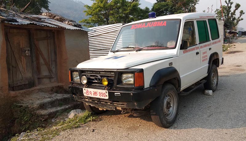 An ambulance lying idle for want of maintenance at Tante Health Post of Budhigandaki Municipality, Bajura, on Monday. Photo: THT