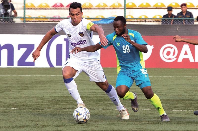 MMCu2019s Afeez Olawale Oladipo (right) vies for the ball with Chennaiyin FC skipper Mailson Variato during their AFC Cup match at the ANFA Complex grounds in Lalitpur on Wednesday. Photo Courtesy: ANFA
