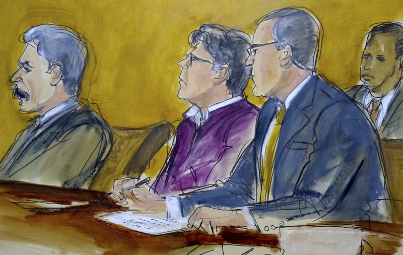 In this courtroom drawing, defendant Keith Raniere (center) sits at the defense table with his attorneys Paul DerOhannesian, left and Marc Agnifilo, as the jury foreperson reads the guilty verdict in his sex trafficking trial in New York, Wednesday, June 19, 2019. Photo: Elizabeth Williams via AP