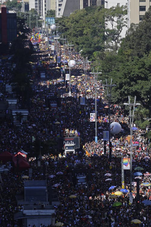 Revelers fill Paulista avenue during the annual gay pride parade in Sao Paulo, Brazil, Sunday, June 23, 2019. Photo: AP