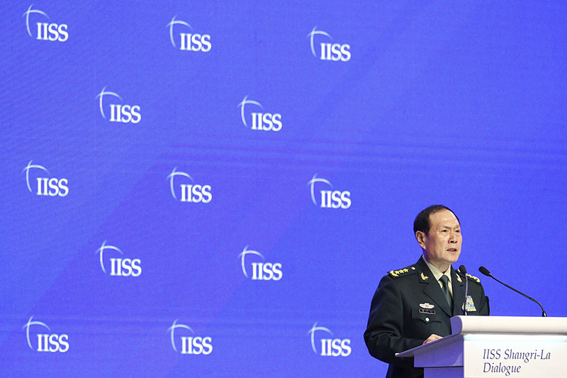 Chinese Defense Minister General Wei Fenghe speaks during the fourth plenary session of the 18th International Institute for Strategic Studies (IISS) Shangri-la Dialogue, an annual defense and security forum in Asia, in Singapore, Sunday, June 2, 2019. Photo: AP