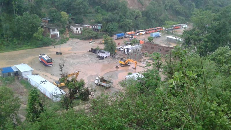 A view of Prithvi Highway inundated with mudslide at Galchhi Rural Municipality-6 of Dhading district on Thursday, June 27, 2019. Photo: Keshav Adhikari/ THT