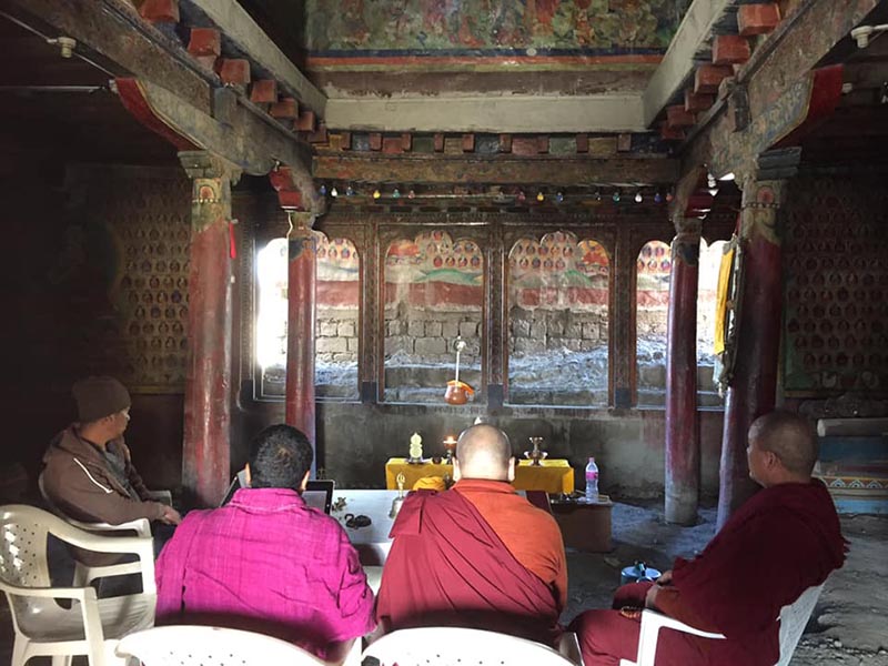 Monks attending prayers at Dzong monastery in Mustang, on April 2, 2019. Photo: Dzong Monastery Mustang Facebook