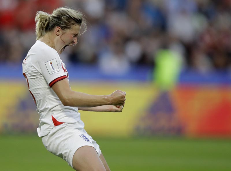 England's Ellen White celebrates after scoring her team's second goal during the Women's World Cup quarterfinal soccer match between Norway and England at Oceane Stadium in Le Havre, France, Thursday, June 27, 2019. Photo: AP