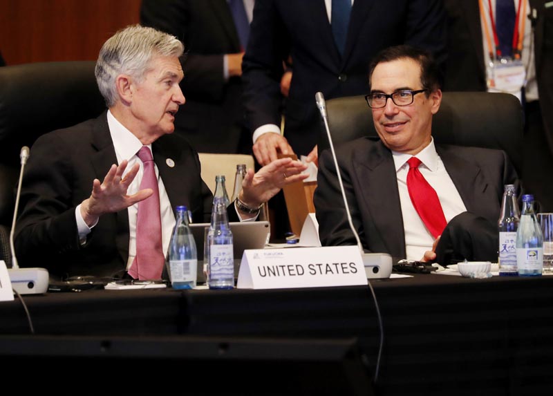 Federal Reserve Chairman Jerome Powell talks with US Treasury Secretary Steven Mnuchin during the G20 Finance Ministers and Central Bank Governors Meeting, Saturday, June 8, 2019, in Fukuoka, Japan. Photo: Kim Kyung-hoon/Pool Photo via AP