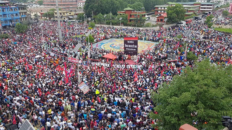 Thousands gather in solidarity to protest against the Guthi Bill demanding it be completely scrapped, at Maitighar Mandala, in Kathmandu, on Wednesday, June 19, 2019. Photo: Skanda Gautam/THT