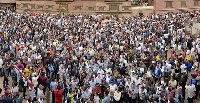 A mass protest was held against the Guthi Bill registered in the National Assembly at Patan Durbar Square, in Lalitpur, on Thursday, June 13, 2019. Photo: Naresh Krishna Shrestha/THT